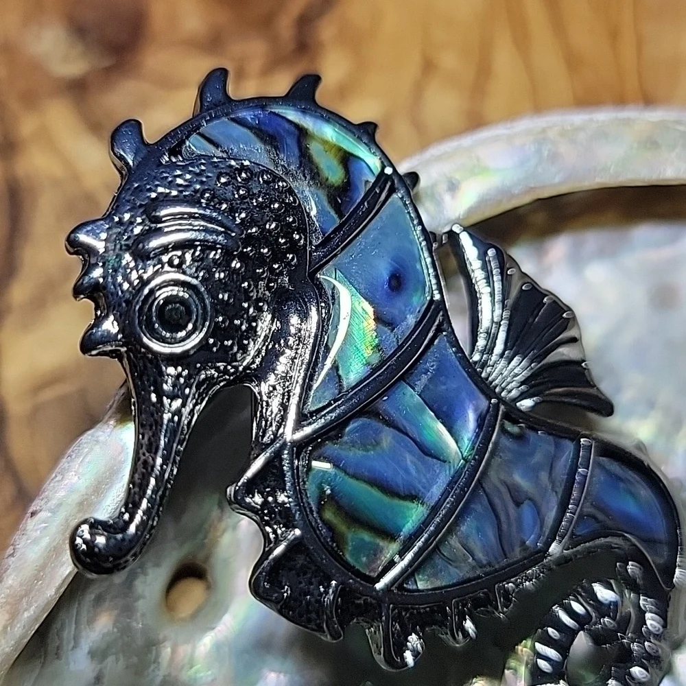 NEW Fantastic Colorful Abalone Shell Seahorse Pendant Brooch Beach Boho Chic